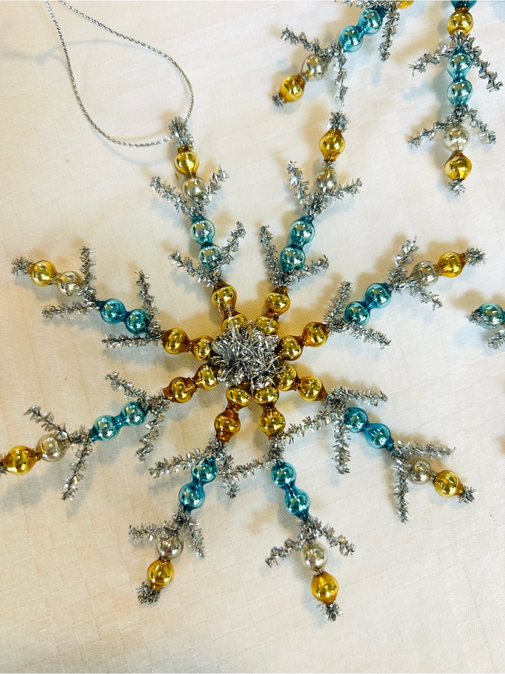 3 Vintage repurposed holiday Christmas glass garland bead snow flake ornaments